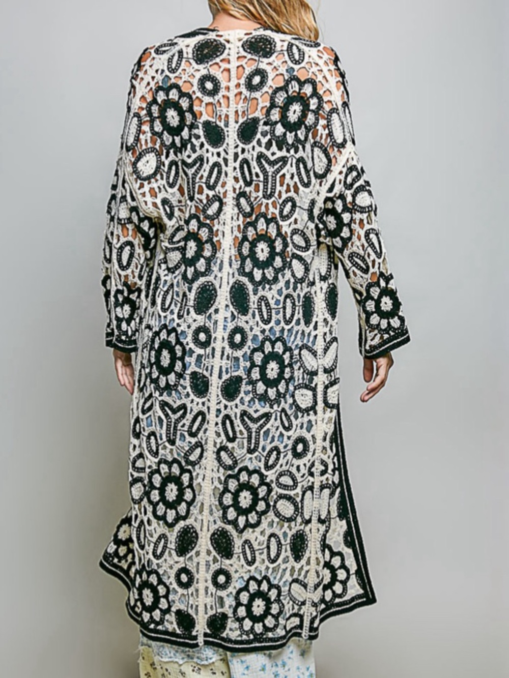 NWT POL Bohemian Black Cream Flower Crochet Cardigan Long Duster Sweater One Sz